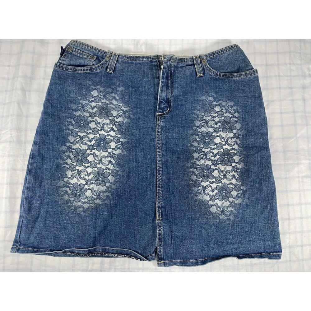 Second Generation Jeans Denim Skirt Size 16 Lace Floral Print Glitter